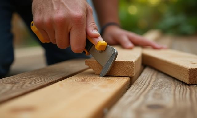 Carpenter reinforcing backyard deck