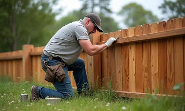 Technician repairing storm-damaged fence
