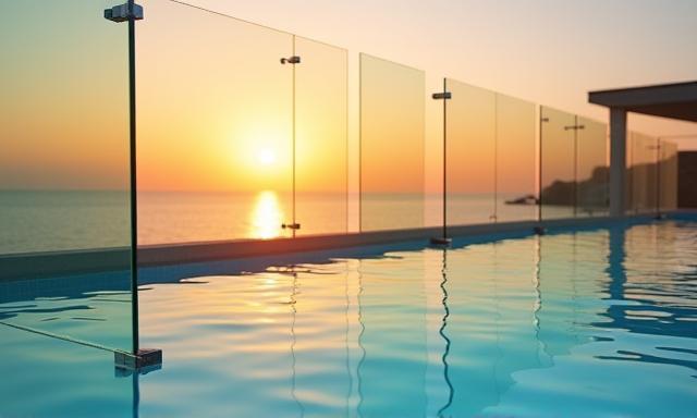 Frameless glass pool fence at sunset